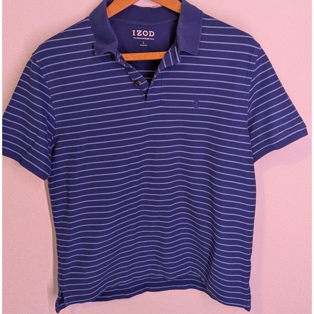 Izod Golf Polo Mens Size L Large Blue White Strips Short Sleeve Shirt (853m)